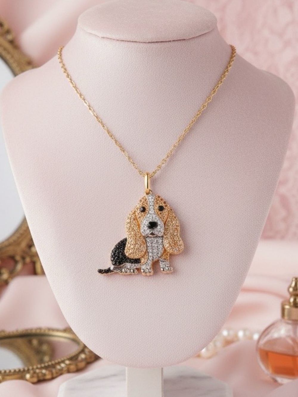 Gold & Black Basset Hound Dog Iced Out Pendant Necklace Dog Mom Dog Lover Glam